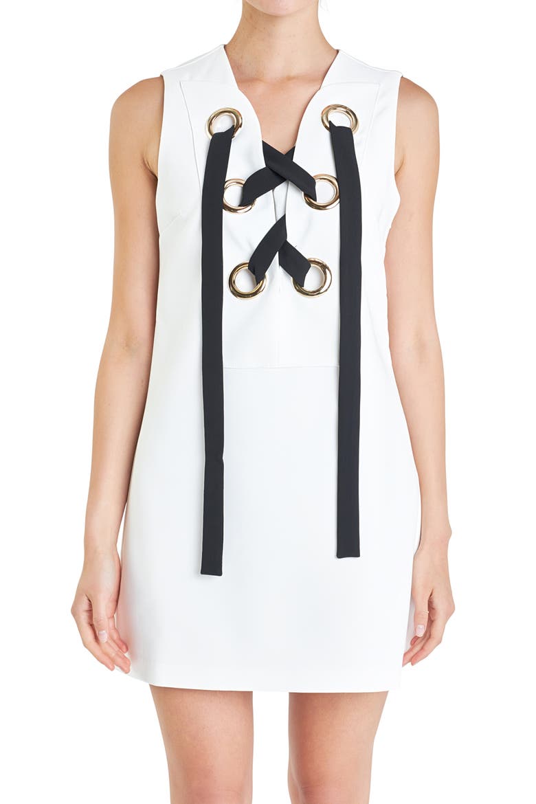 Grommet Tie Sleeveless Minidress, Alternate, color, OFF WHITE/BLACK
