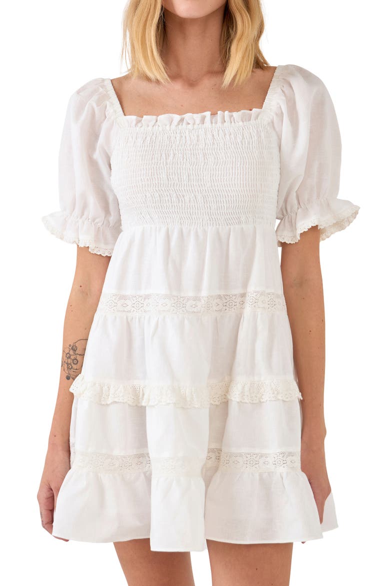 Smocked Cotton & Linen Minidress, Alternate, color, WHITE