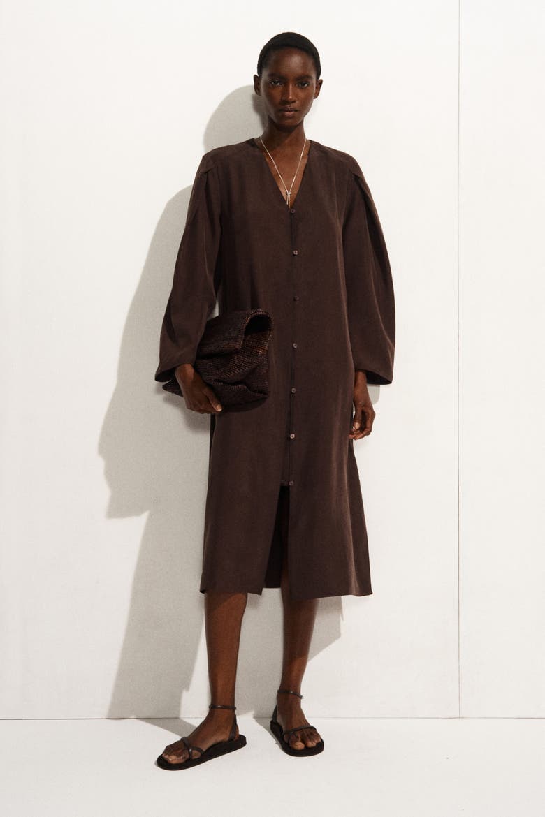 Gathered Silk Midi Dress, Main, color, BROWN