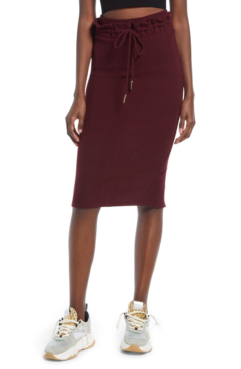 Lavish Alice Paperbag Waist Rib Knit Midi Skirt, Main, color,