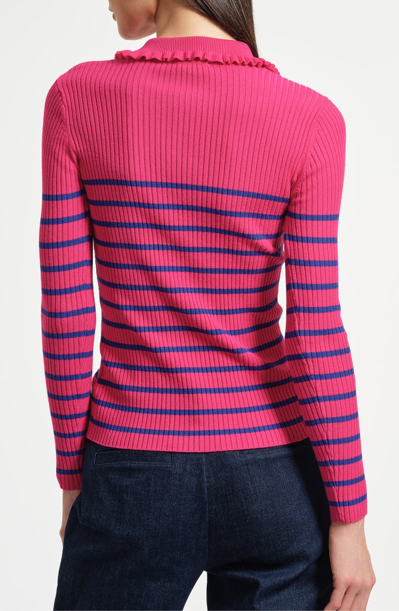 Isaac Mizrahi New York Stripe Ruffle Rib Polo Sweater, Alternate, color, Fuschia/ Cobalt