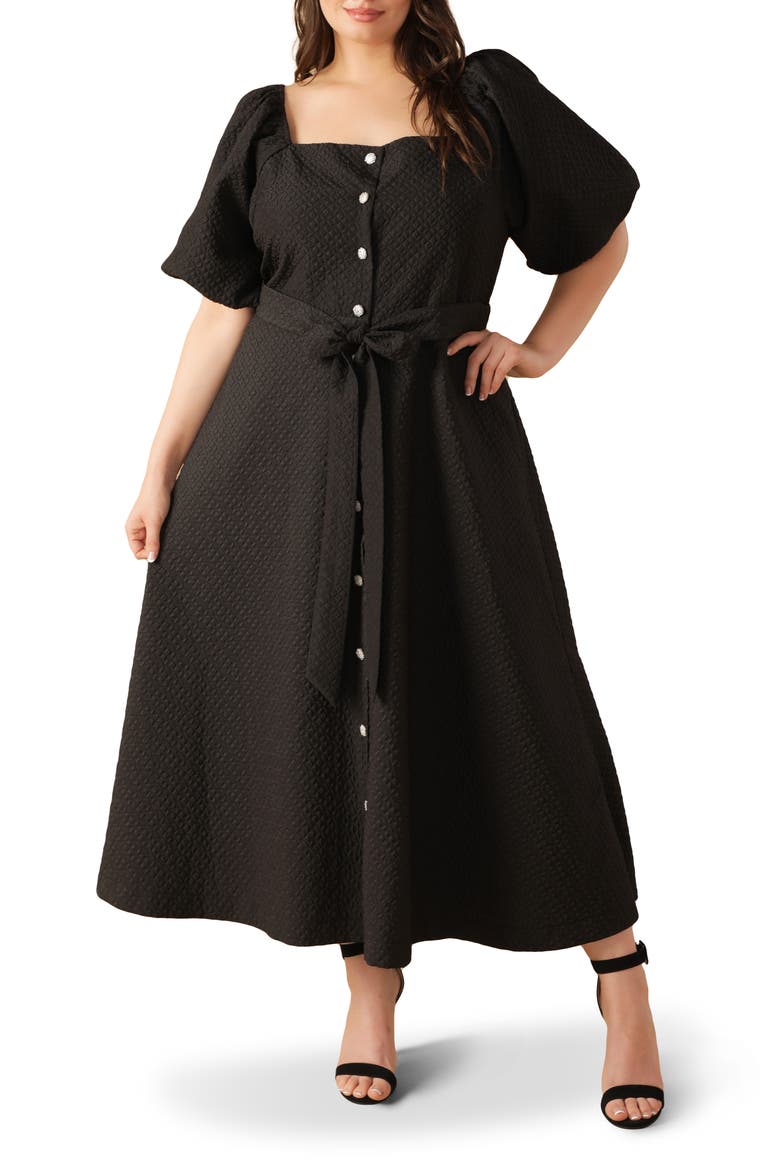 Textured Tie Waist Puff Sleeve Midi Dress, Main, color, BLACK