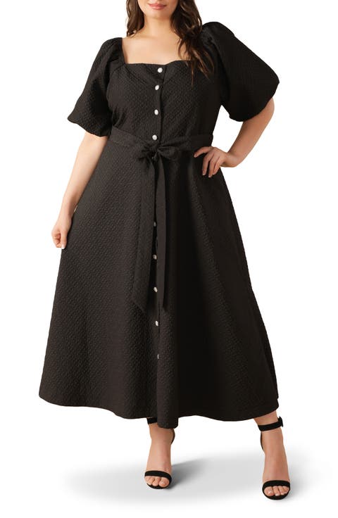 Textured Tie Waist Puff Sleeve Midi Dress (Plus)
