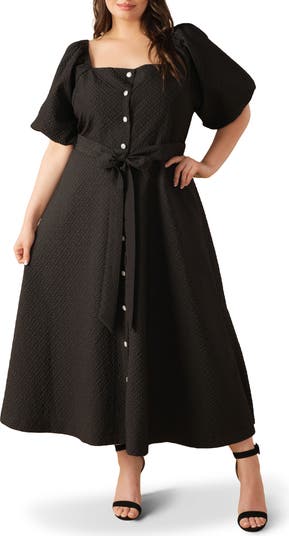 Textured Tie Waist Puff Sleeve Midi Dress