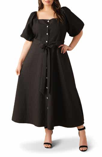 FLYING TOMATO Textured Tie Waist Puff Sleeve Midi Dress