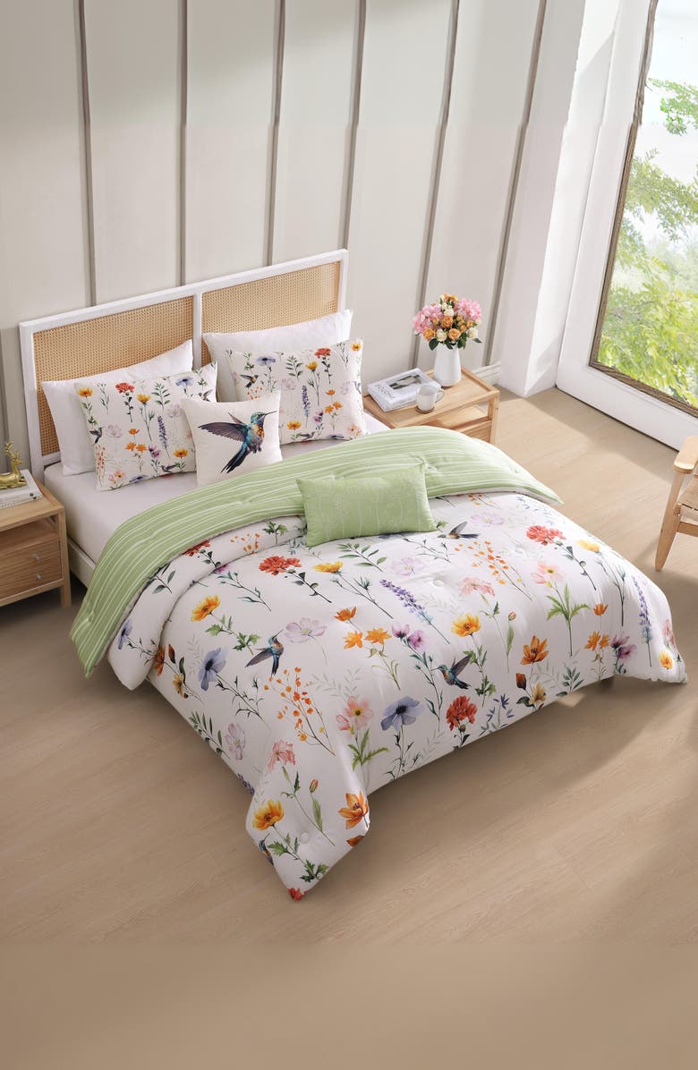 Bebejan Fresh Cut Flowers 200 Thread Count Cotton Sateen 5-Piece Reversible Comforter Set, Alternate, color, Ivory