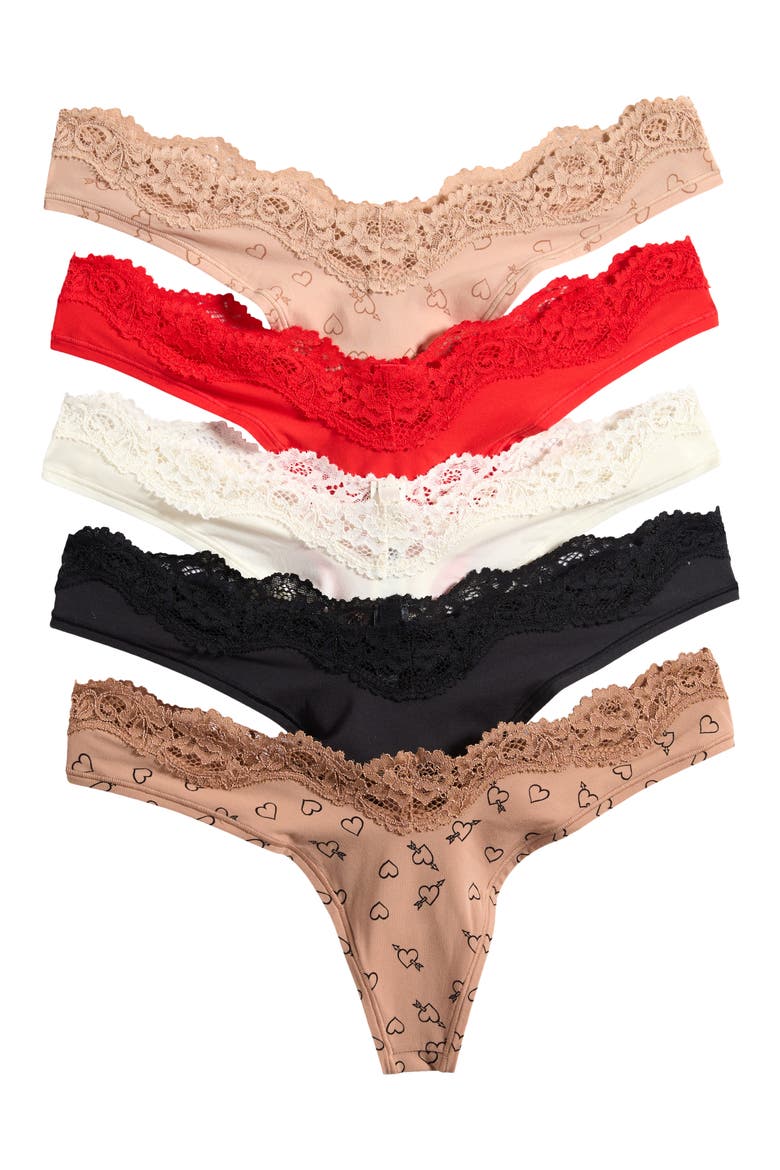 5-Pack Fits Everybody Lace Dipped Thong, Main, color, SKETCHED HEARTS MULTI