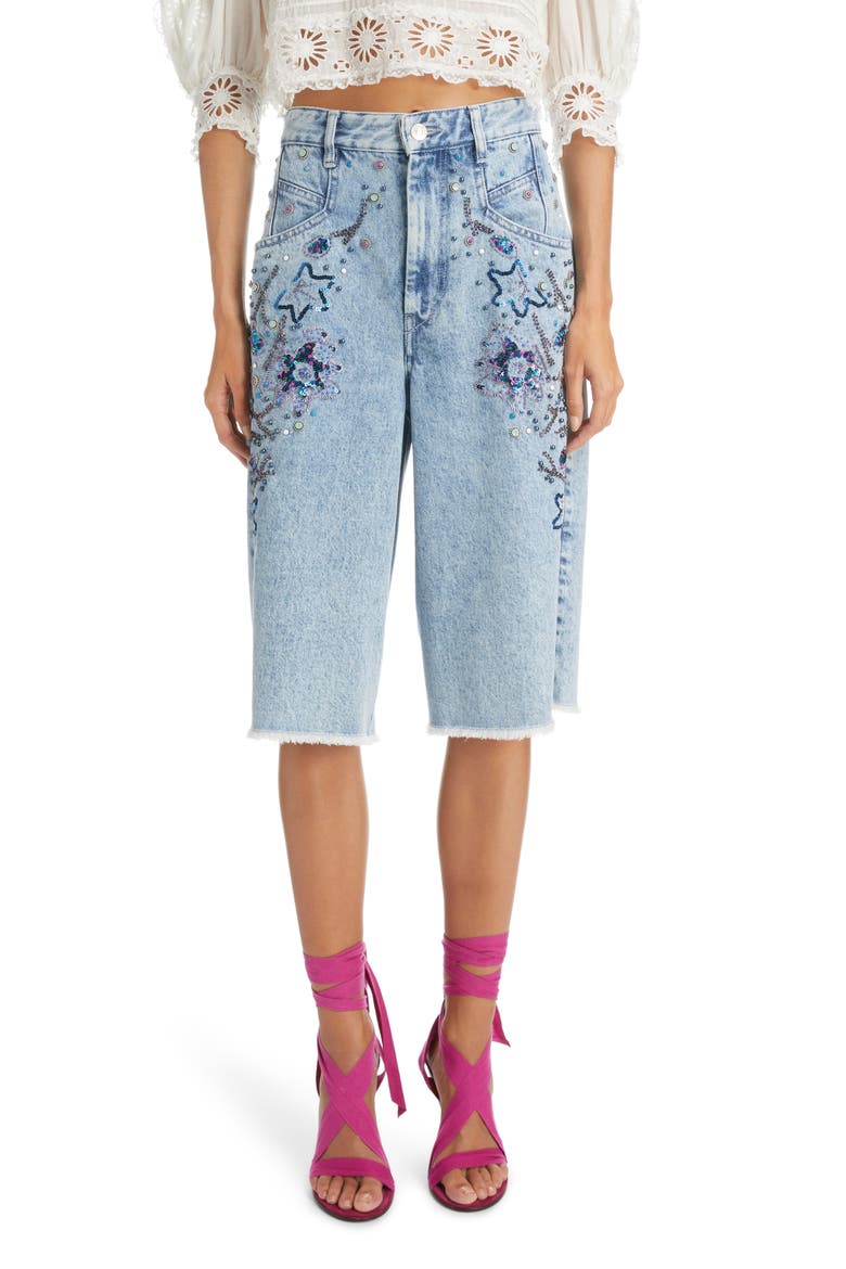 Natayal Embroidered Denim Bermuda Shorts, Main, color, LIGHT BLUE