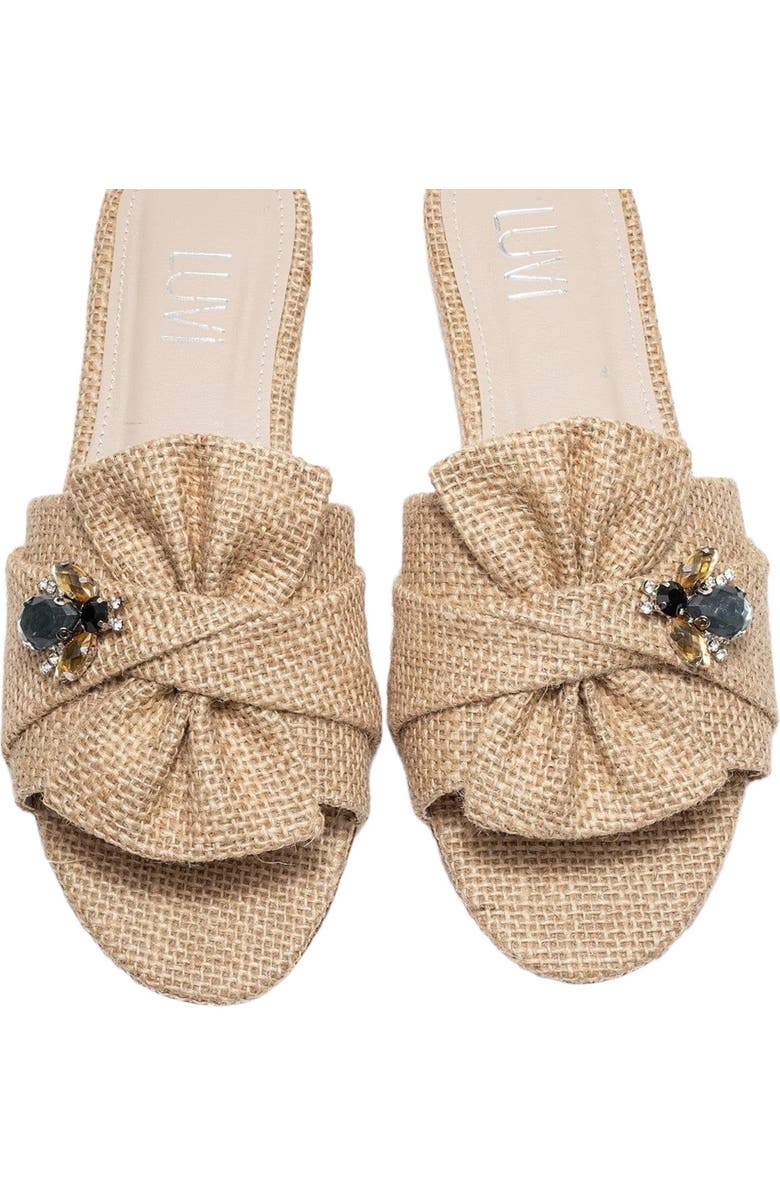Prologue Shoes Daphne Raffia Bow Slide Sandal, Alternate, color, Beige Faux Leather