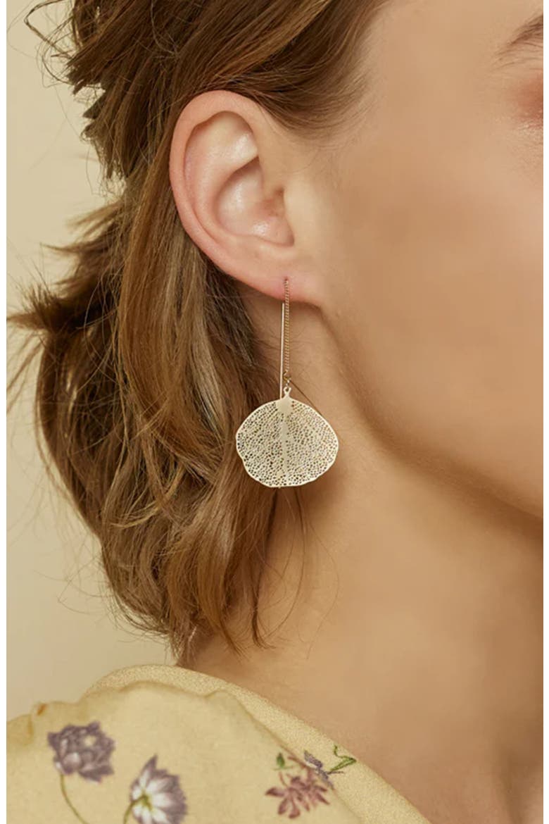 Sienna Textured Leaf Disc Threader Earrings Sculptural Trendy, Alternate, color, Gold