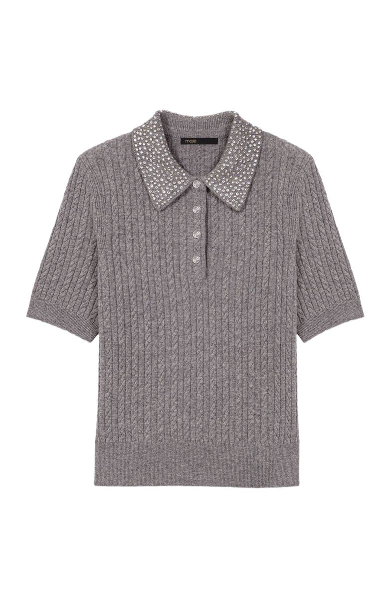 maje Wool polo shirt with rhinestone collar, Alternate, color, Grey