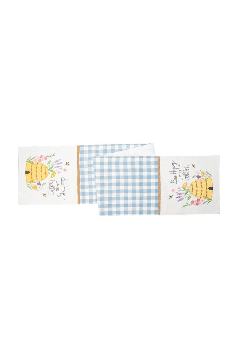 "Bee Happy In The Garden" Blue Plaid & White 100% Cotton Table Runner 13" x 72", Main, color, Blue