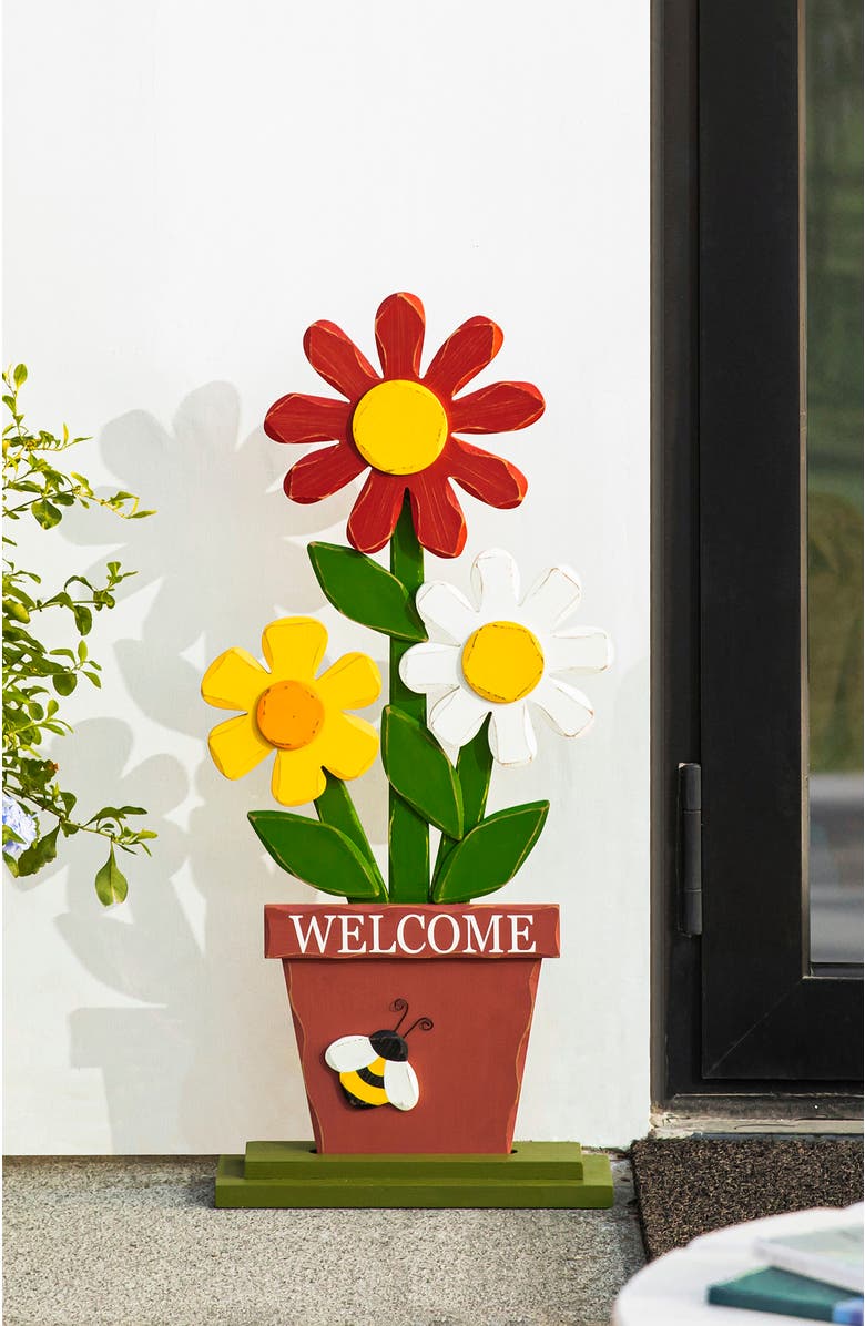 Glitzhome Wooden Trio Flowers Welcome Porch Décor, Alternate, color, Red