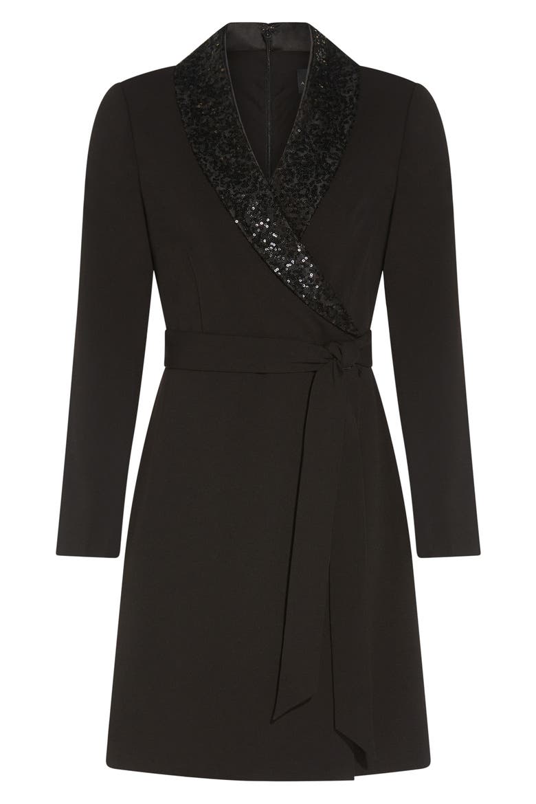 Long Sleeve Crepe Tuxedo Dress, Alternate, color, BLACK