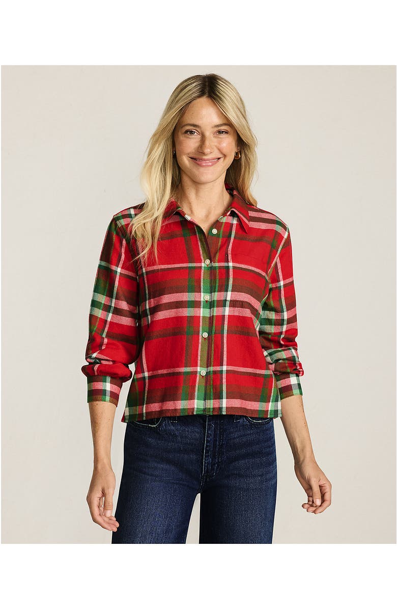 Lands' End Cropped Flannel Shirt, Alternate, color, Compass Red/Emerald Plaid