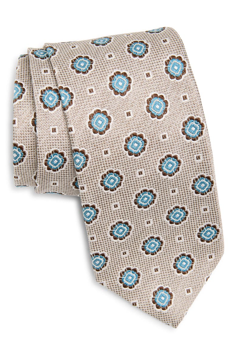 Floral Medallion Silk & Cotton Tie, Main, color, DUNE