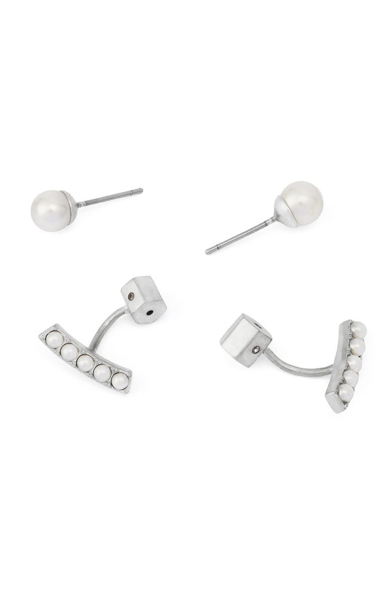 Imitation Pearl Front/Back Earrings, Alternate, color, PEARL/ WARM SILVER