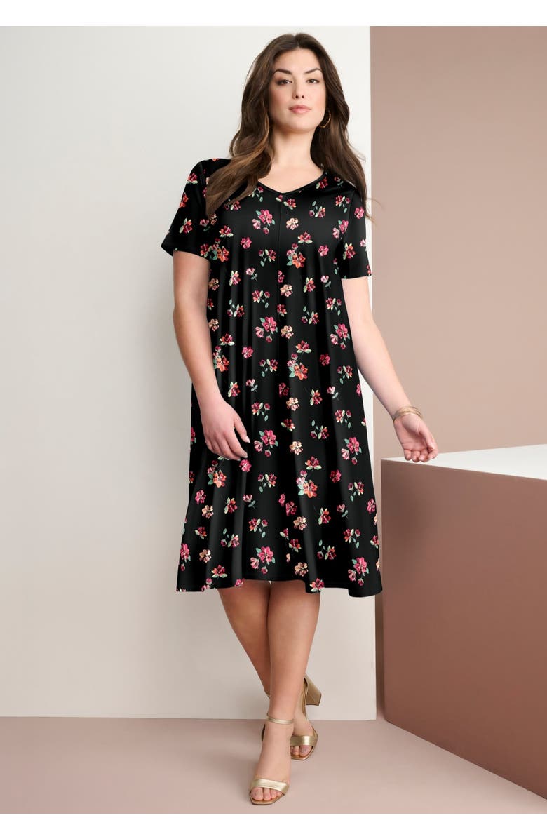 Roaman's Petite Plus Size Short Sleeve Sleeve Swing Dress, Alternate, color, Black