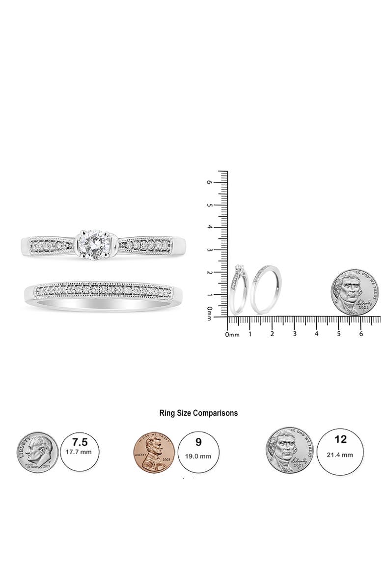 Silver 1/3 Cttw Diamond Engagement Ring Bridal Set with Milgrain, Alternate, color, White