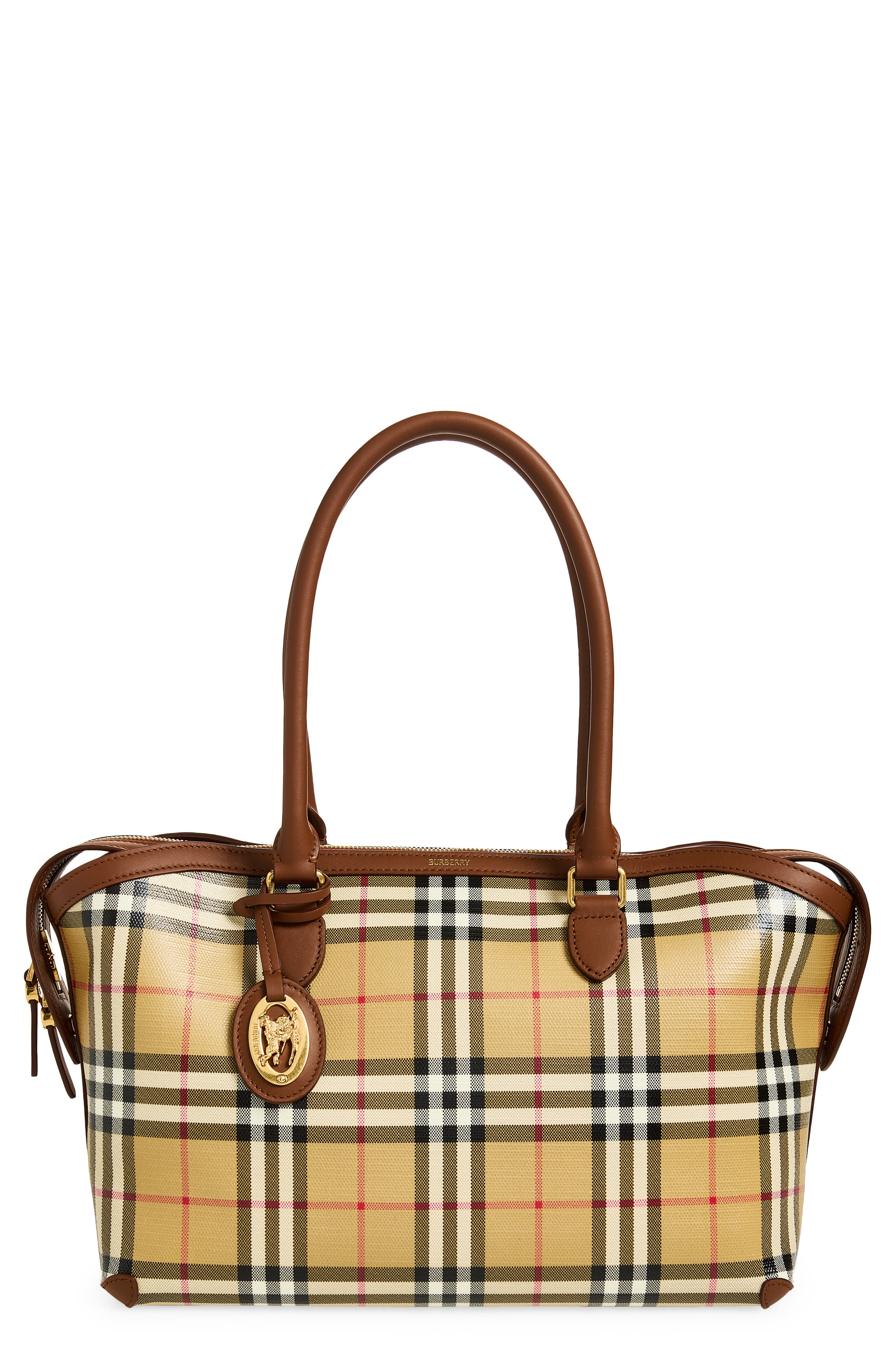 Burberry Small Check Coated Canvas Zip Tote, Main, color, Archive Beige