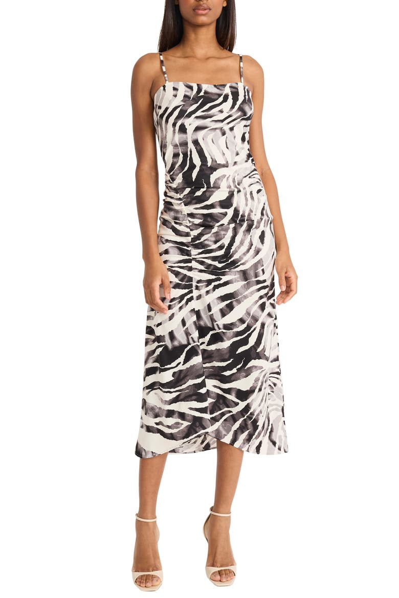 Ruched Sleeveless Midi Dress, Main, color, CREAM/ BLACK