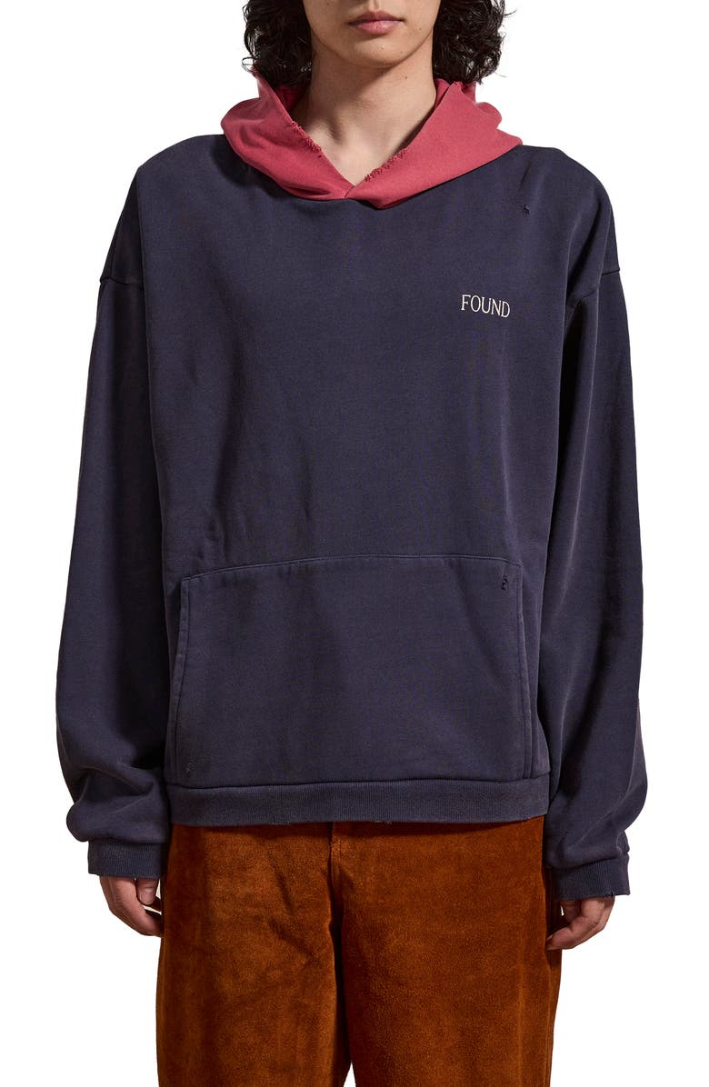 FOUND Distressed Logo Print Cotton Hoodie, Main, color, 