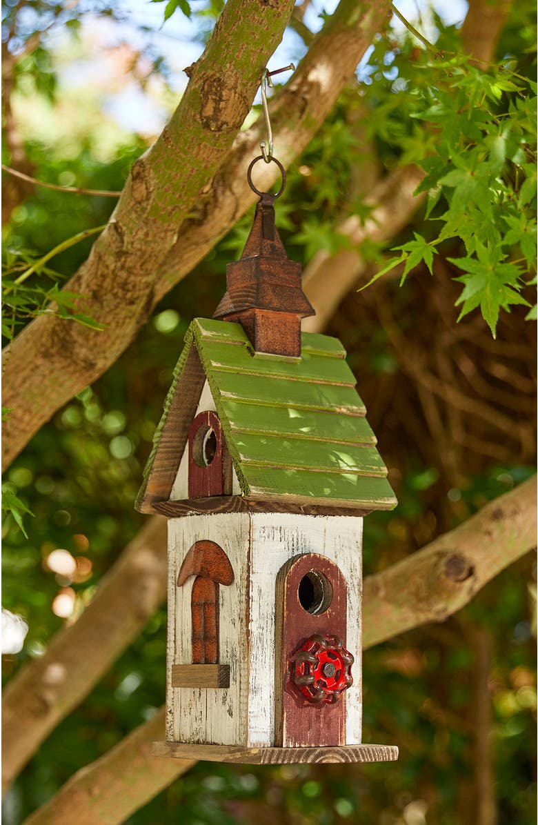 Glitzhome 15.75"H Distressed Solid Wood Decorative Outdoor Garden Birdhouse, Alternate, color, Green