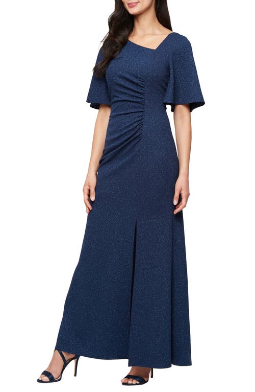 Shop Sl Fashions Asymmetric Flutter Sleeve Ruched Shimmer Crepe Gown In Navy