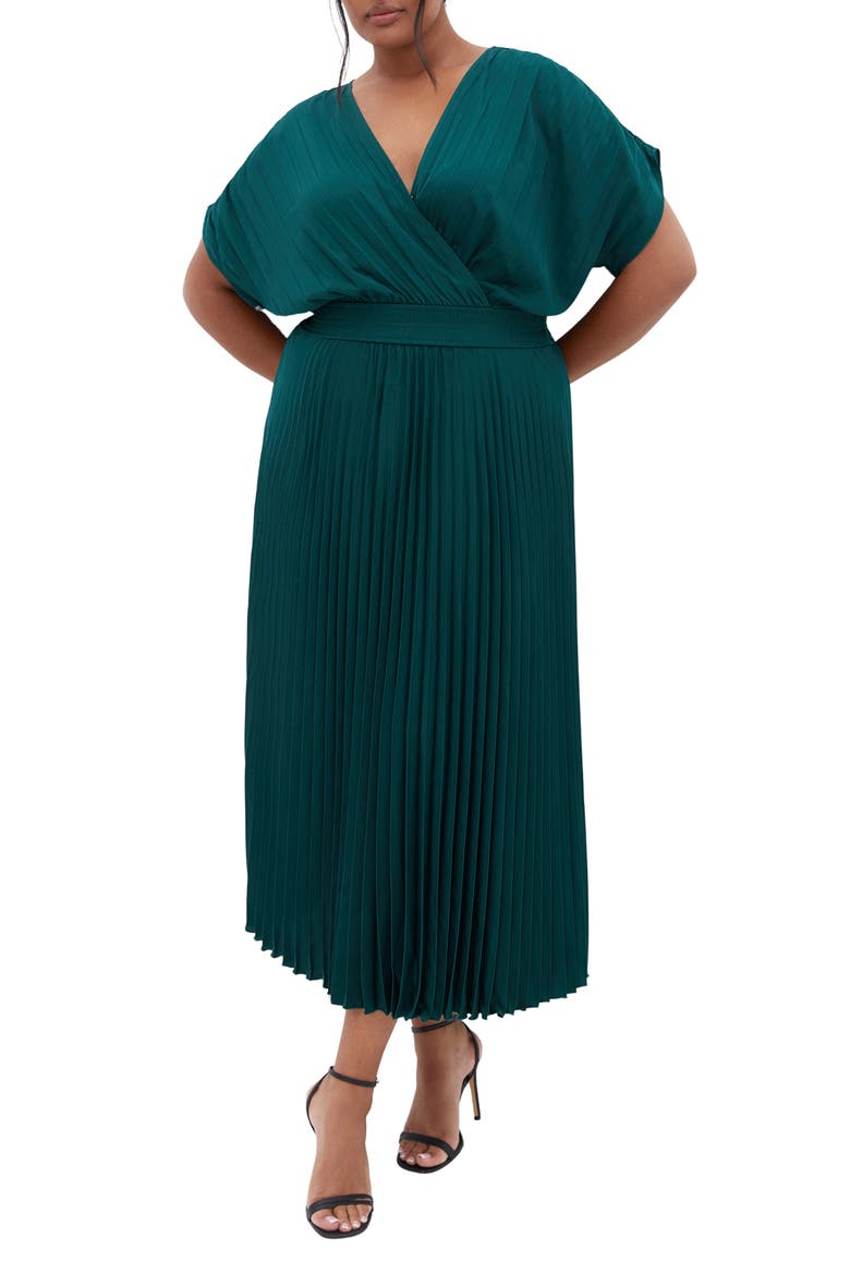 Elia Faux Wrap Pleated Dress, Main, color, EMERALD