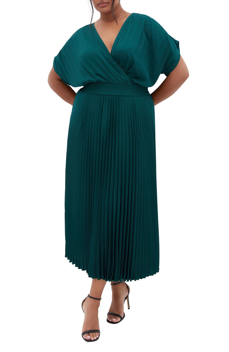 City Chic Elia Faux Wrap Pleated Dress, Main, color, Emerald