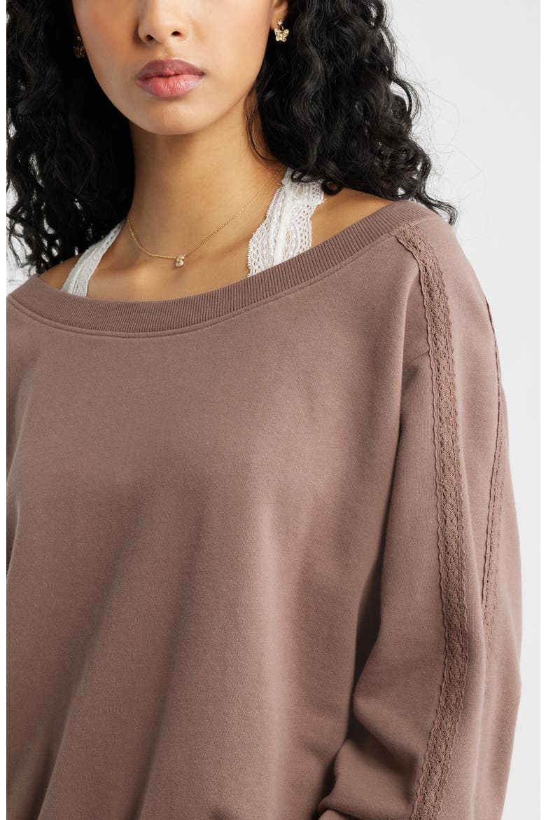 Lace Trim Off the Shoulder Cotton Blend Sweatshirt, Alternate, color, BROWN QUARTZ
