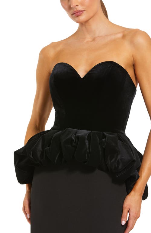 Mac Duggal Strapless Velvet Puplum Top With Crepe Skirt Gown In Black