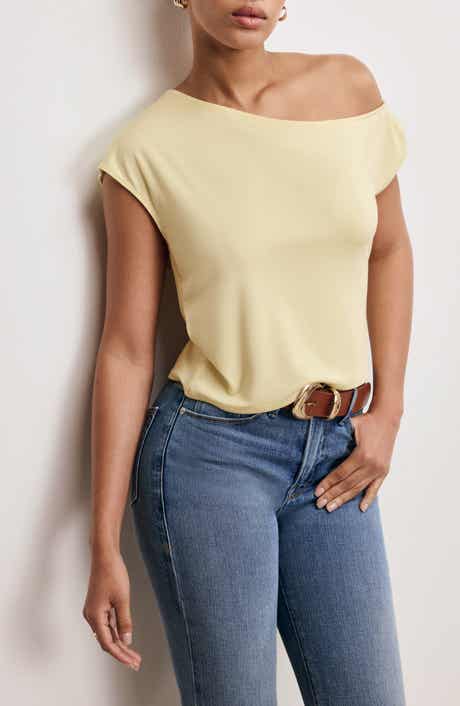 Good American Asymmetric Off the Shoulder Jersey Top