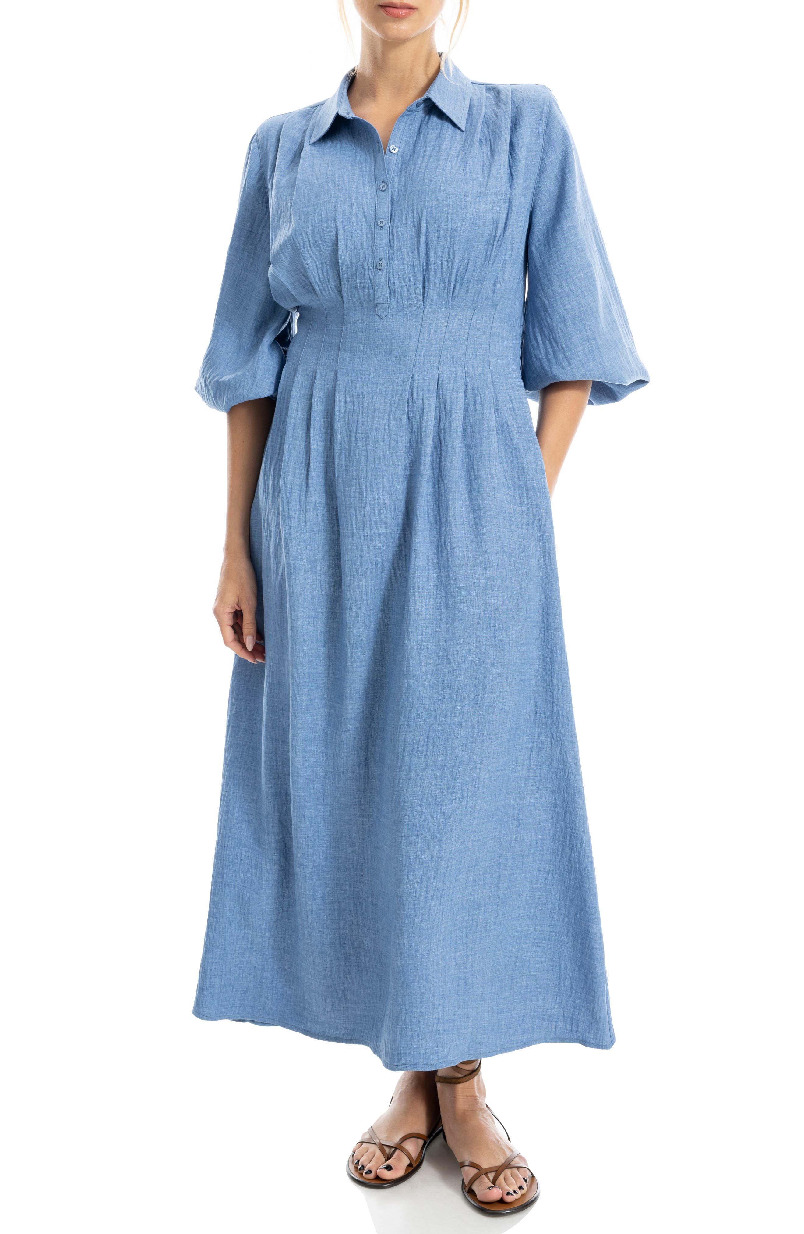 Balloon Sleeve Pleated Maxi Shirtdress (Women) | Nordstromrack