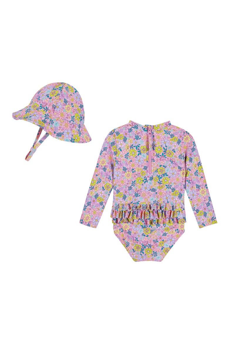 Long Sleeve One-Piece Rashguard Swimsuit & Sun Hat Set, Alternate, color, PURPLE FLORAL