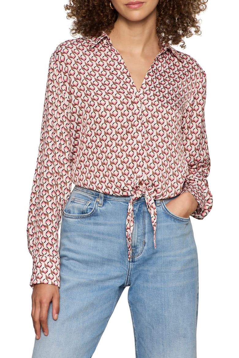 Lover Print Tie Hem Crop Sateen Shirt, Main, color, PETAL GRID