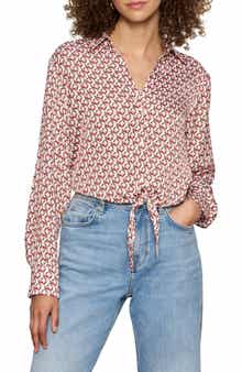 Lover Print Tie Hem Crop Sateen Shirt