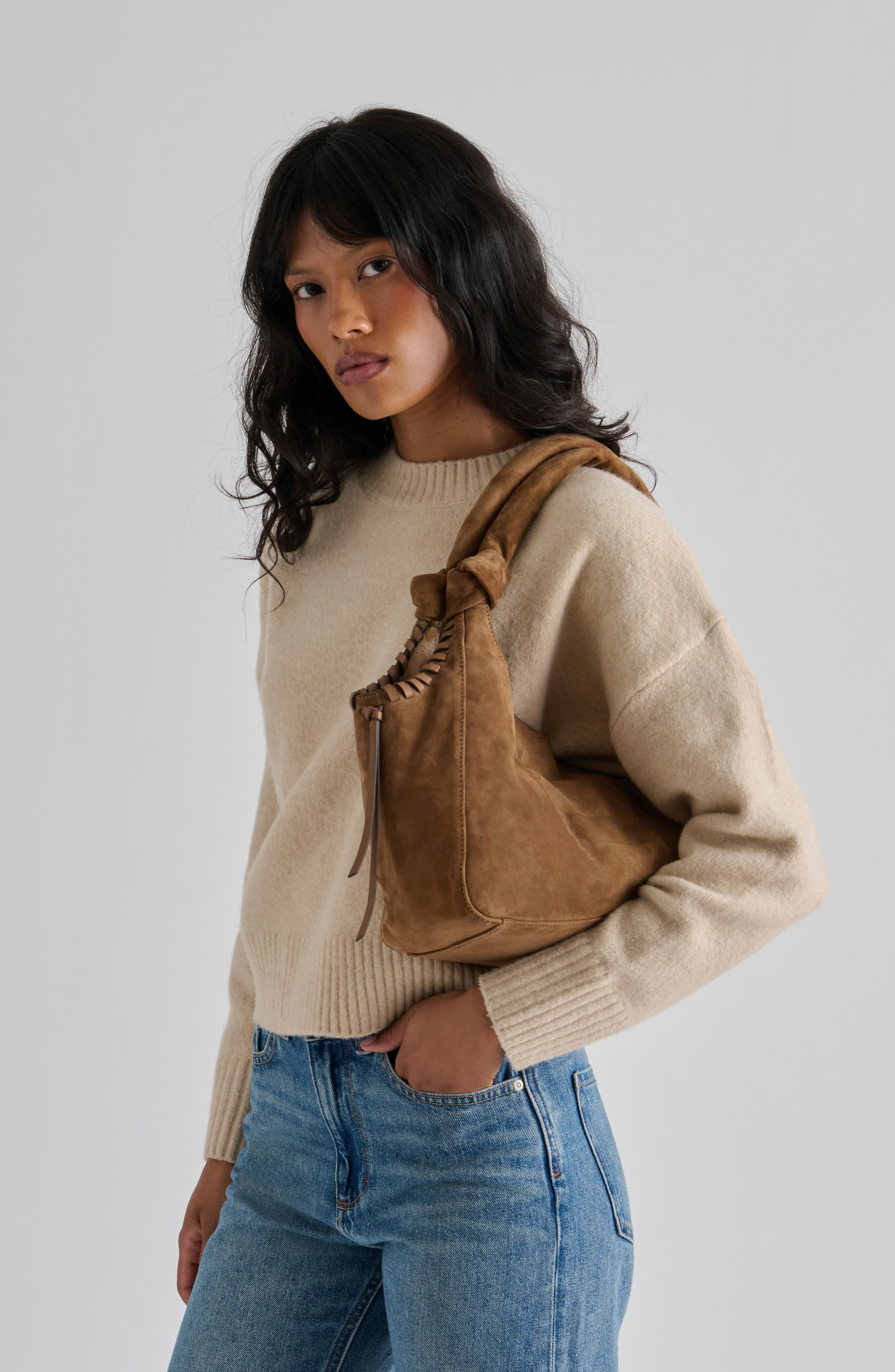 Paola Suede Hobo, Alternate, color, DARK TAN