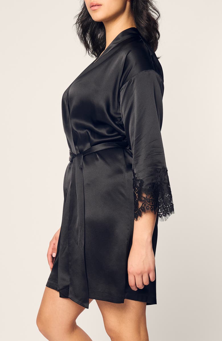 Petite Plume Lace Trim Mulberry Silk Robe, Alternate, color, Black