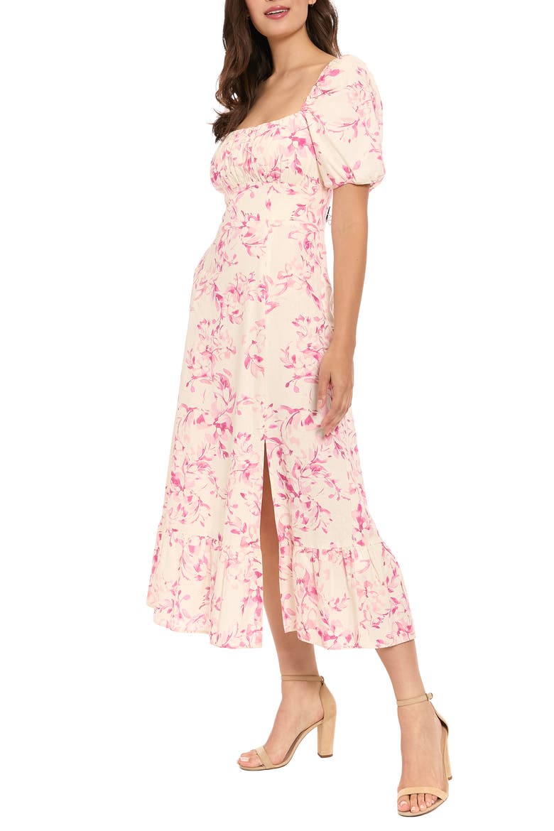 Floral Puff Sleeve Linen Blend Midi Dress, Alternate, color, IVORY/ RASPBERRY PINK