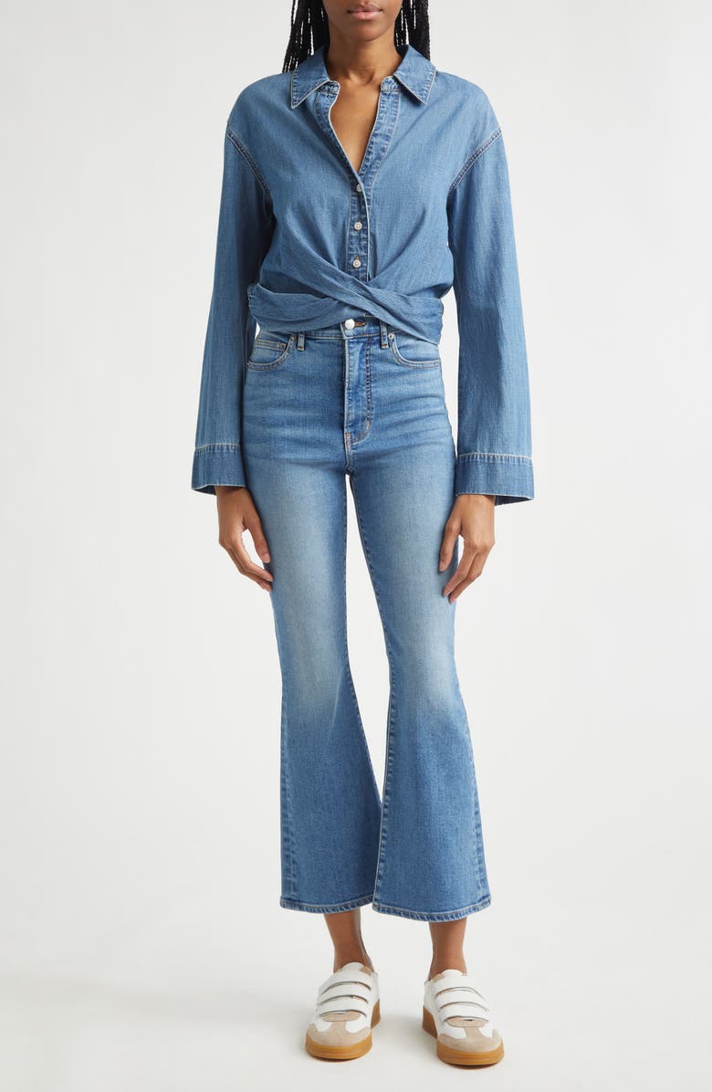 Veronica Beard Timothy Crop Twist Button-Up Denim Shirt, Alternate, color, Ripple Haze