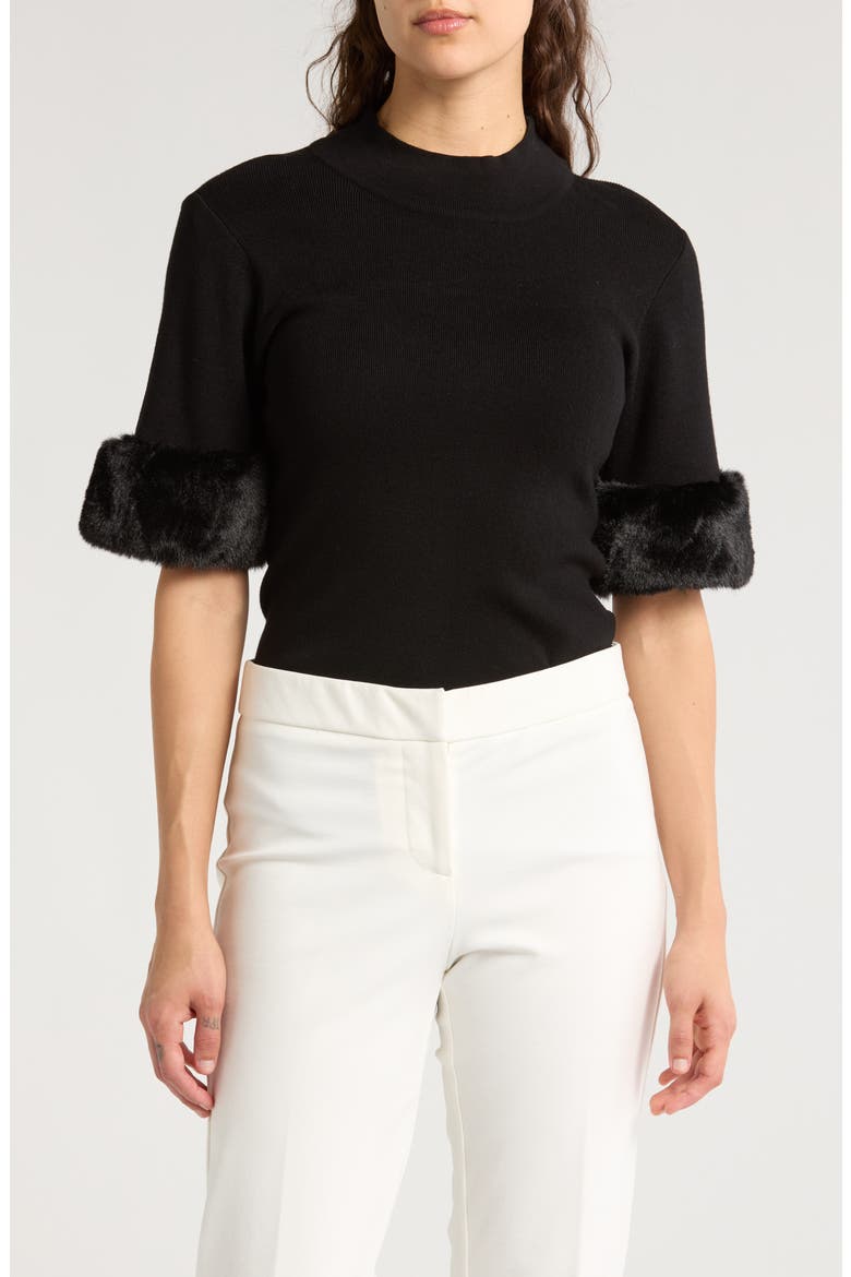 Faux Fur Elbow Sleeve Top, Main, color, BLACK