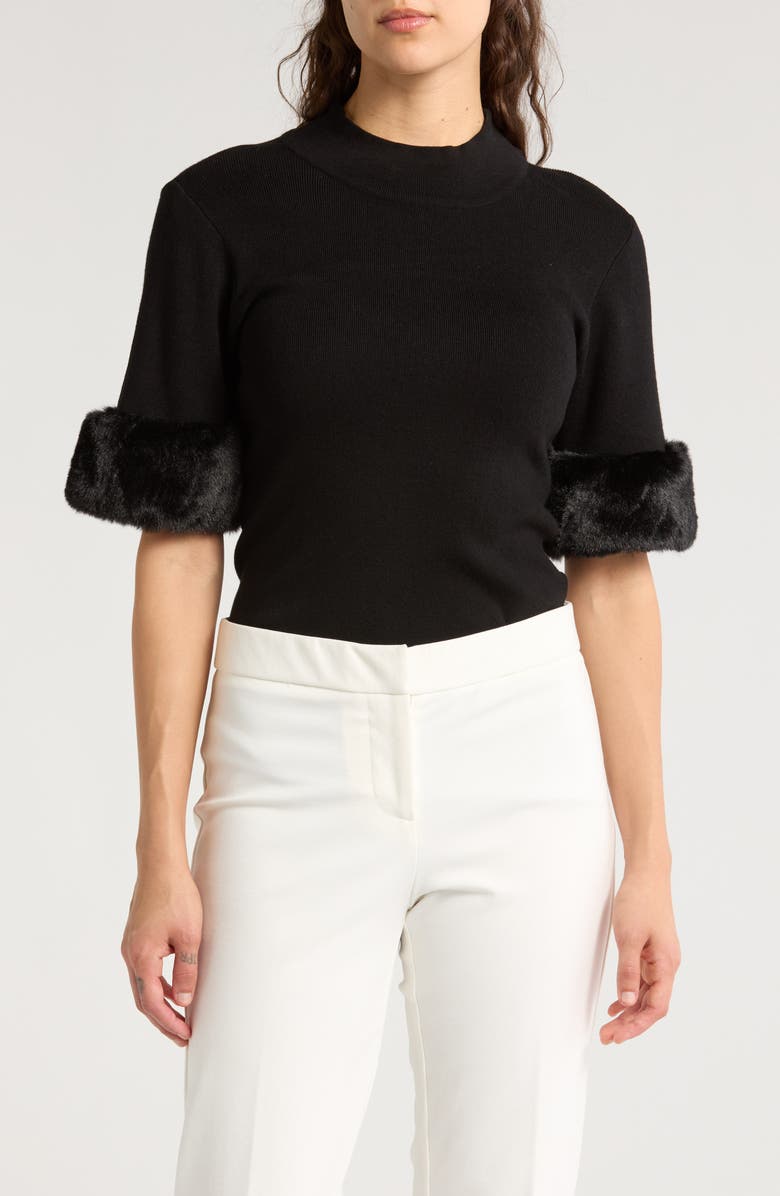 T Tahari Faux Fur Elbow Sleeve Top, Main, color, Black