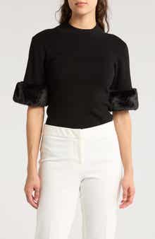 T Tahari Faux Fur Elbow Sleeve Top