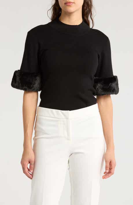 T Tahari Faux Fur Elbow Sleeve Top