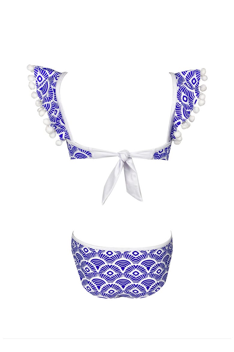 Kids' Batik Print Pompom Detail Ruffle Two-Piece Swimsuit, Alternate, color, Blue