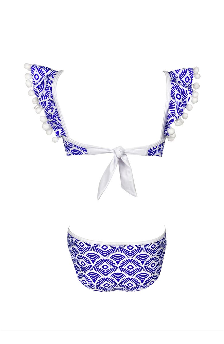 NESSI BYRD Kids' Batik Print Pompom Detail Ruffle Two-Piece Swimsuit, Alternate, color, Blue