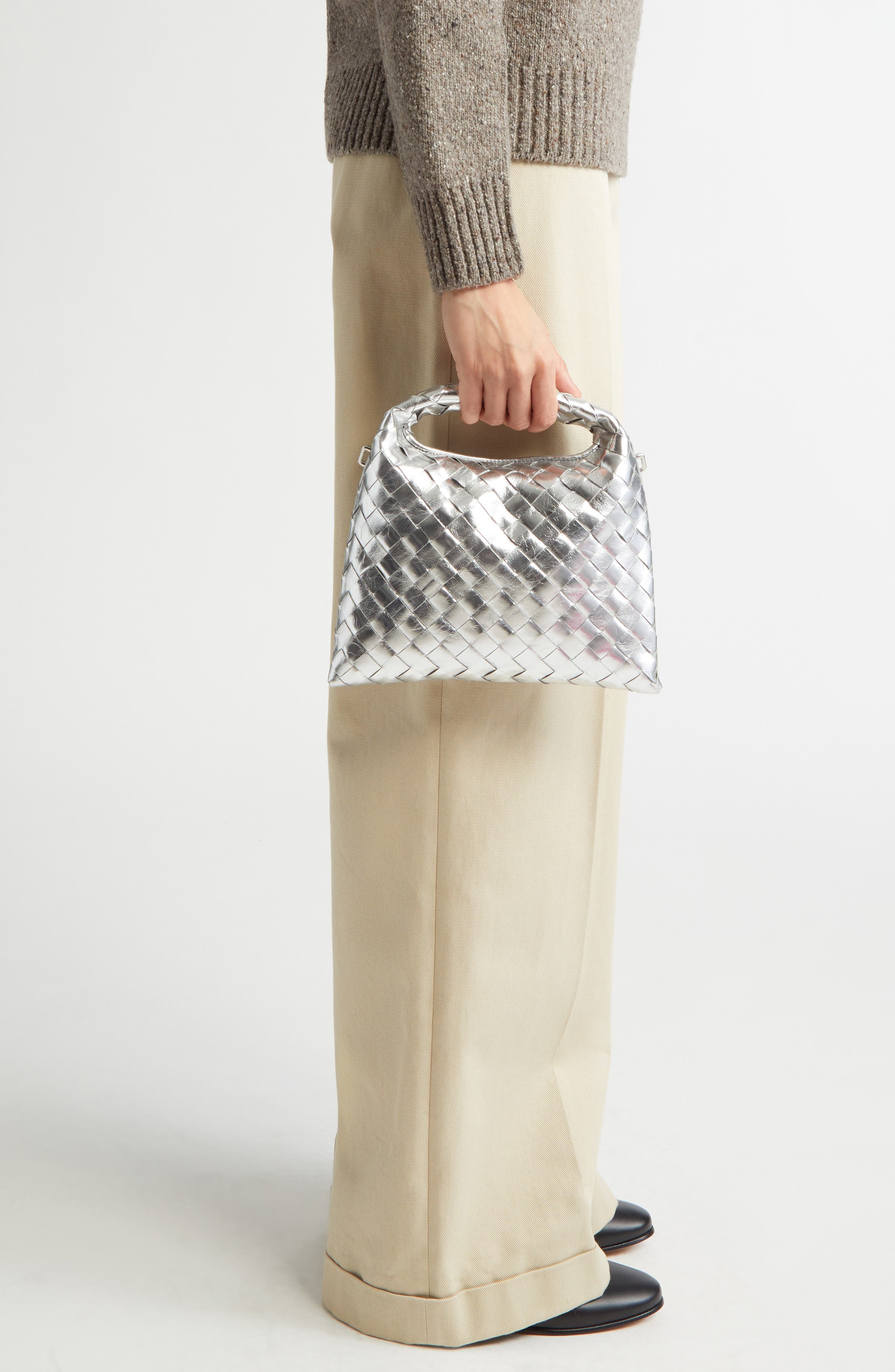 Bottega Veneta Mini Hop Mirror Intrecciato Leather Hobo Bag, Alternate, color, 8101 Silver/ Silver