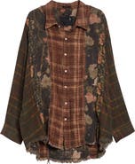 R13 Shredded Seam Drop Neck Plaid Flannel Button-Up Shirt