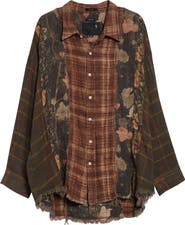 R13 Shredded Seam Drop Neck Plaid Flannel Button-Up Shirt